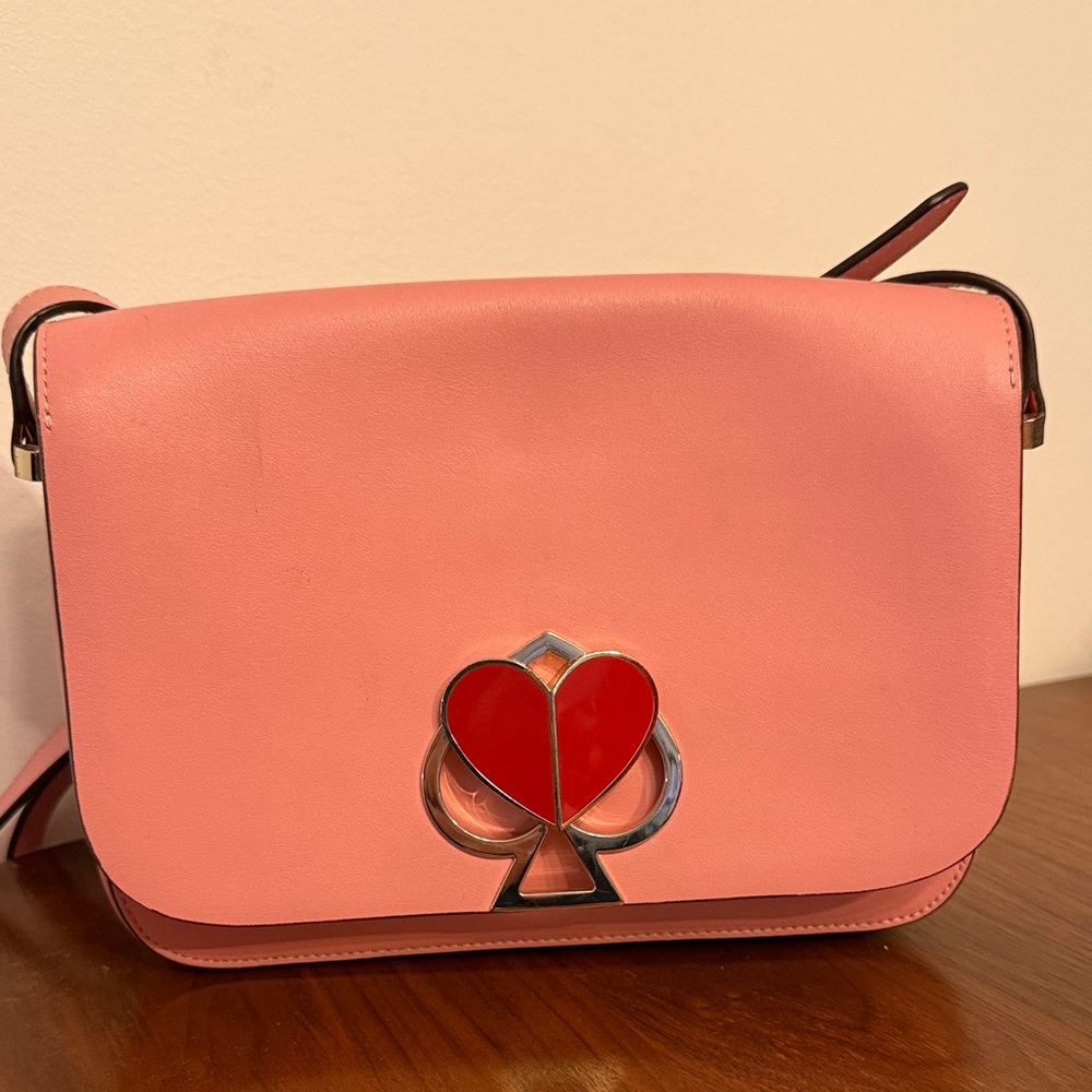 Kate Spade leather Nicola Twist-lock medium flop shoulder bag in rococo pink